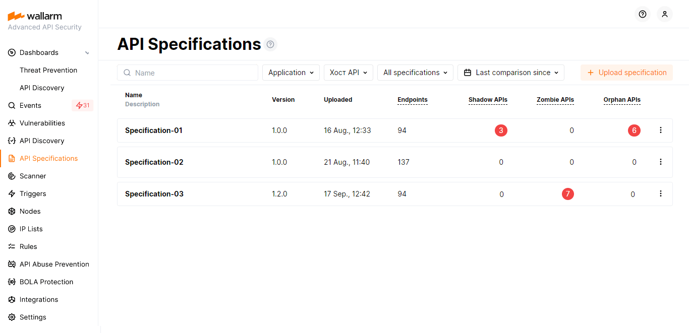 API Specifications section