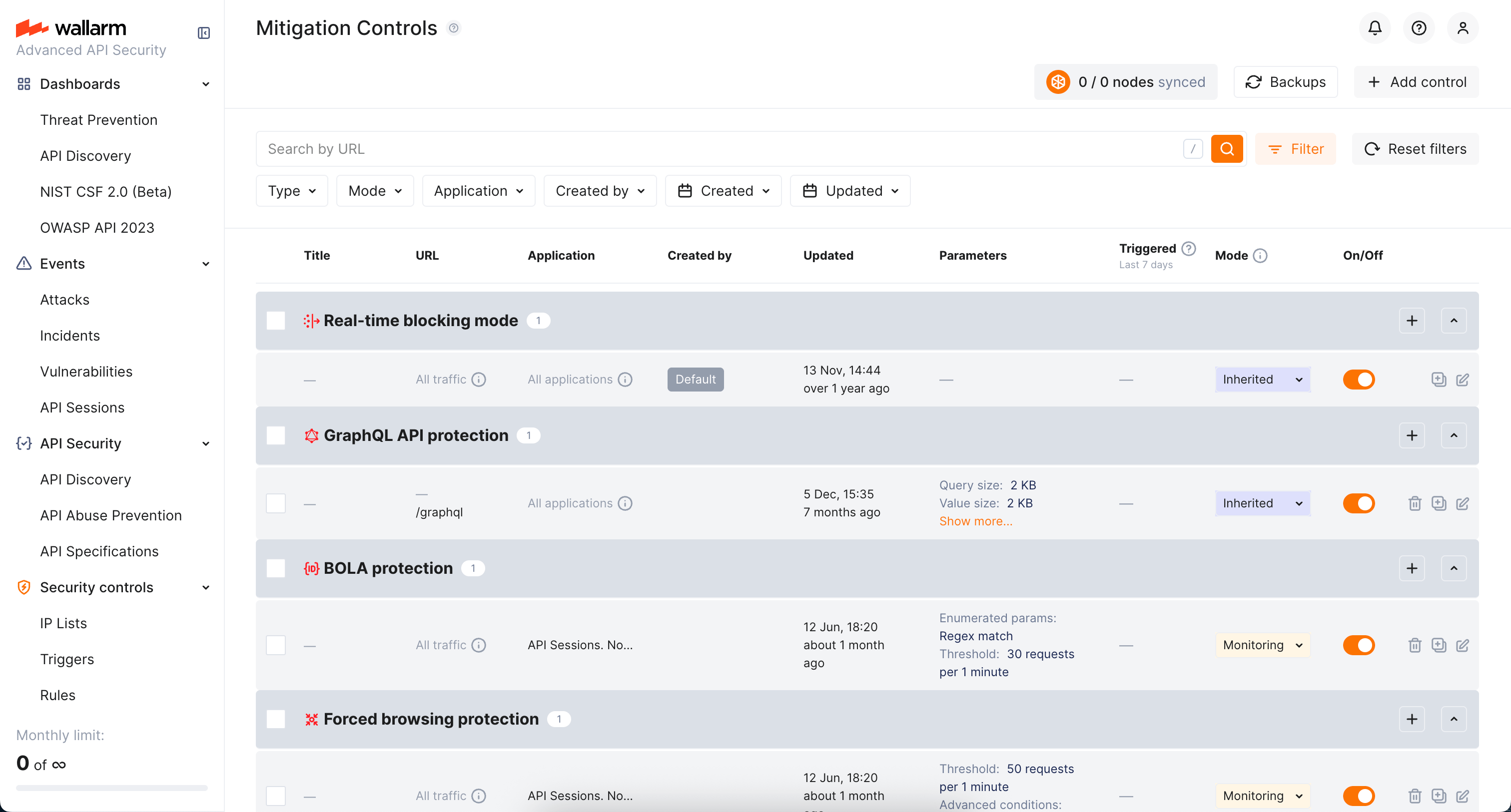 Mitigation Controls page in UI