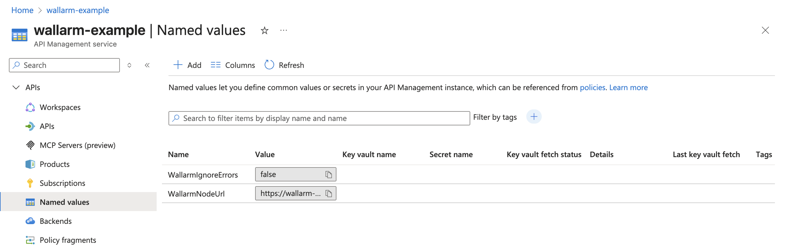 Named values for Wallarm in Azure APIM